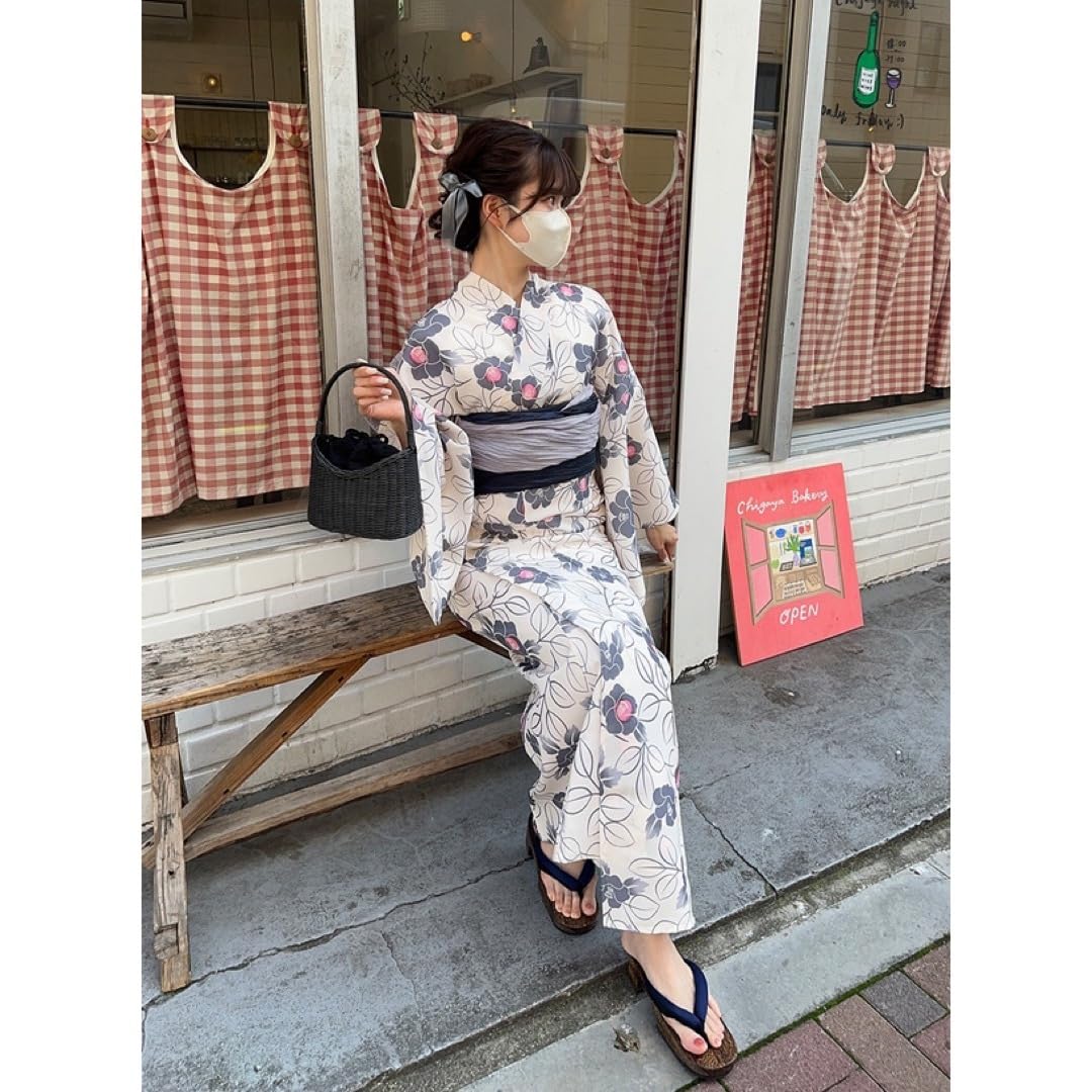 可憐椿柄浴衣 ゆかた 作り帯 セット 下駄 大人っぽい シック 新品　グリーン 可憐椿柄浴衣 ゆかた 作り帯 セット 下駄 大人っぽい シック